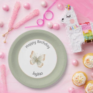 Tan Cream Green Butterfly Birthday Paper Plates