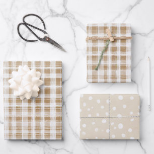 Tan Cream Plaid Stripes Birthday Wrapping Paper Sheets