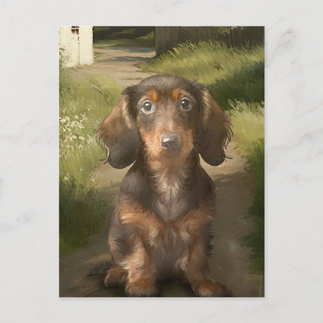 Tan Dachshund Brown Dog Lover Oil Painting Country Postcard (Front)