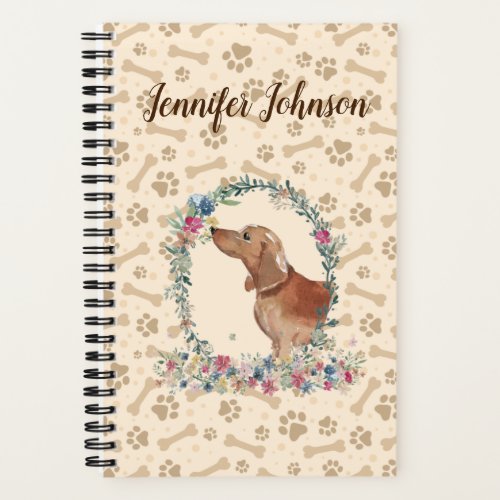 Tan Dachshund Dog Paw Print  Floral Cute Notebook