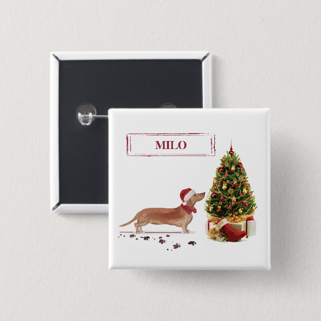 Tan Dachshund Funny Christmas Dog with Tree Button (Front & Back)