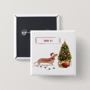 Tan Dachshund Funny Christmas Dog with Tree Button