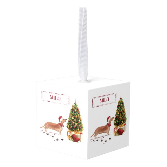 Tan Dachshund Funny Christmas Dog with Tree Cube Ornament (Back Angled)