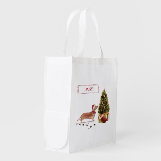 Tan Dachshund Funny Christmas Dog with Tree Grocery Bag (Front Side)