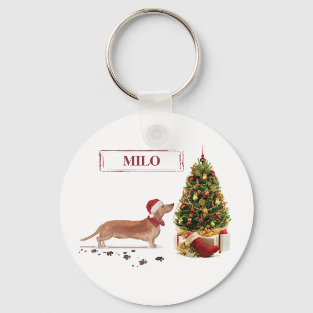 Tan Dachshund Funny Christmas Dog with Tree Keychain (Front)