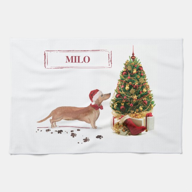 Tan Dachshund Funny Christmas Dog with Tree Kitchen Towel (Horizontal)