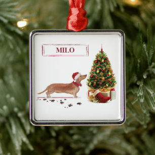 Tan Dachshund Funny Christmas Dog with Tree Metal Ornament