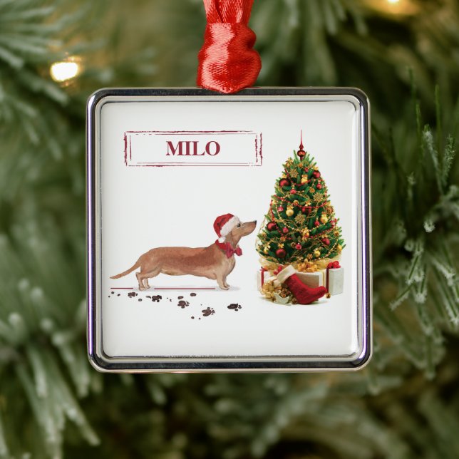 Tan Dachshund Funny Christmas Dog with Tree Metal Ornament (Tree)