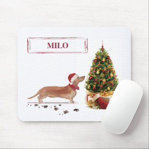 Tan Dachshund Funny Christmas Dog with Tree Mouse Pad
