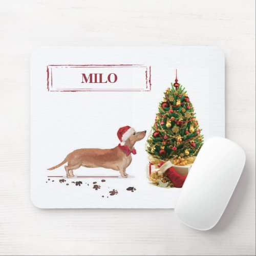 Tan Dachshund Funny Christmas Dog with Tree Mouse Pad
