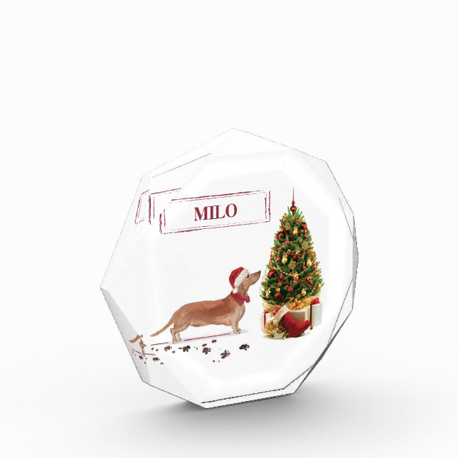 Tan Dachshund Funny Christmas Dog with Tree Photo Block (Left)