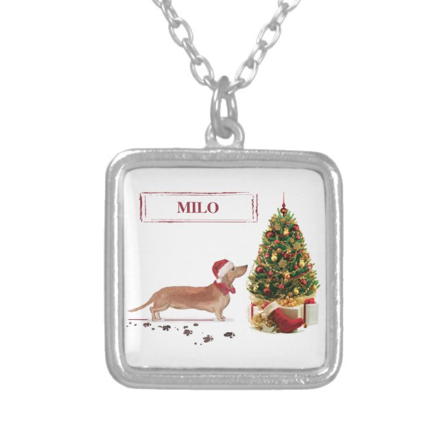 Tan Dachshund Funny Christmas Dog with Tree Silver Plated Necklace (Front)