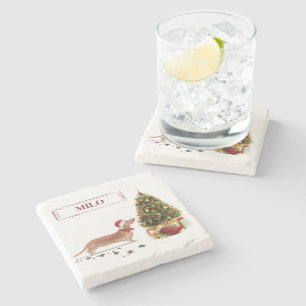 Tan Dachshund Funny Christmas Dog with Tree Stone Coaster