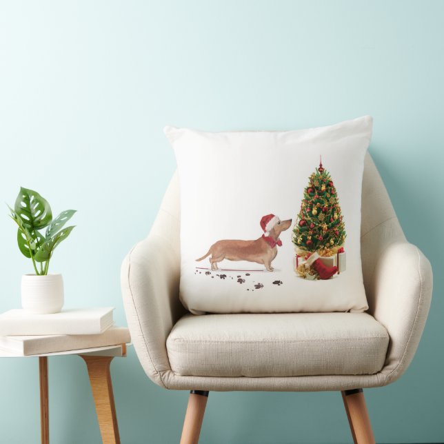 Tan Dachshund Funny Christmas Dog with Tree Throw Pillow (Chair)