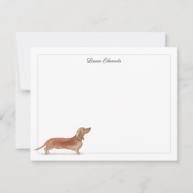 Tan Dachshund Gray Border Personalized Stationery Note Card (Front)