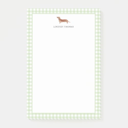 Tan Dachshund Green Gingham Border Personalized Post-it Notes