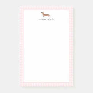 Tan Dachshund Pink Gingham Border Personalized Post-it Notes