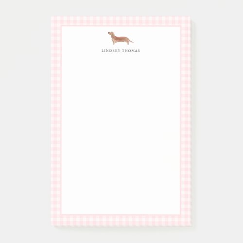 Tan Dachshund Pink Gingham Border Personalized Post-it Notes