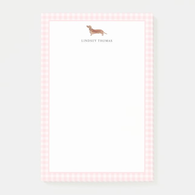 Tan Dachshund Pink Gingham Border Personalized Post-it Notes (Front)