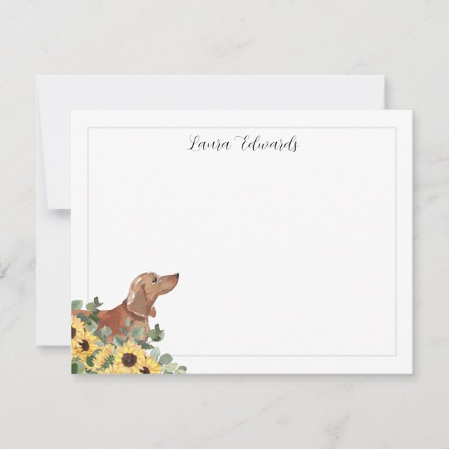 Tan Dachshund Sunflower Eucalyptus Personalized Note Card (Front)