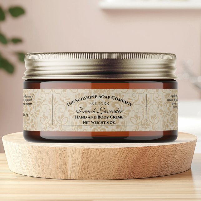Tan Damask Linen Body Butter Cosmetics Jar Label (Creator Uploaded)