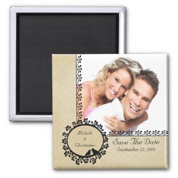 Tan Damask Love Birds Photo Save The Date Magnet by celebrateitinvites at Zazzle