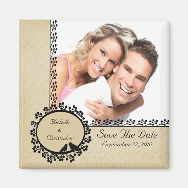Tan Damask Love Birds Photo Save The Date Magnet (Front)