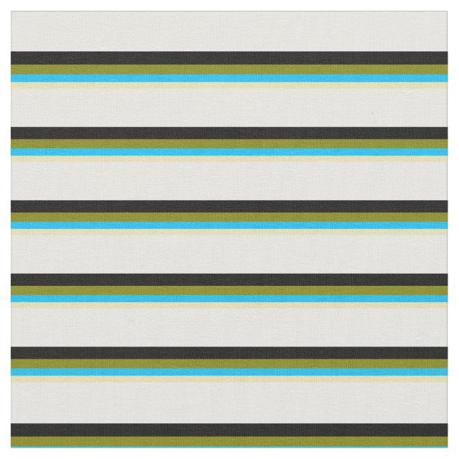 Tan, Deep Sky Blue, Green, Black, and White Lines Fabric (Close Up)