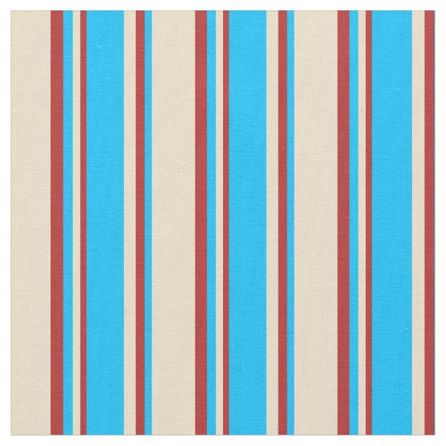 Tan, Deep Sky Blue & Red Pattern of Stripes Fabric (Close Up)