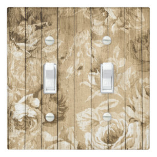 Tan Distressed Rustic Roses on Wood Background Light Switch Cover