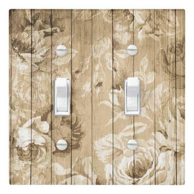 Tan Distressed Rustic Roses on Wood Background Light Switch Cover (In Situ)