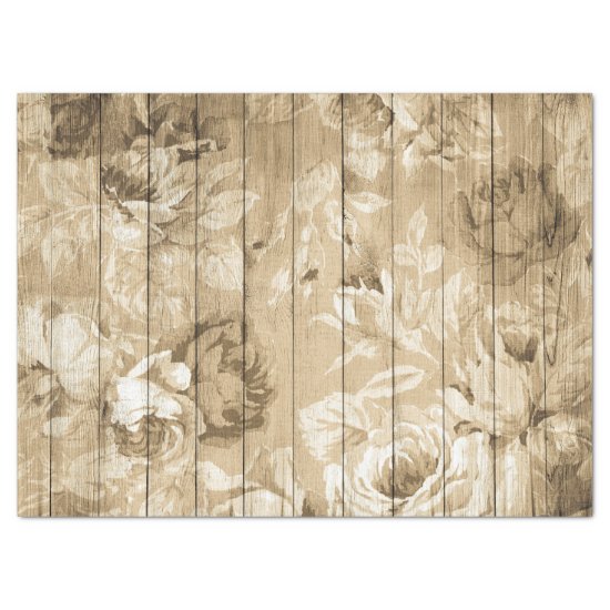 Tan Distressed Rustic Roses on Wood Decoupage Tissue Paper