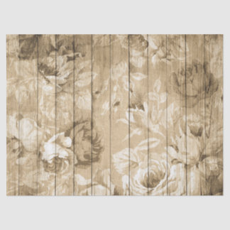Tan Distressed Rustic Roses on Wood Decoupage Tissue Paper