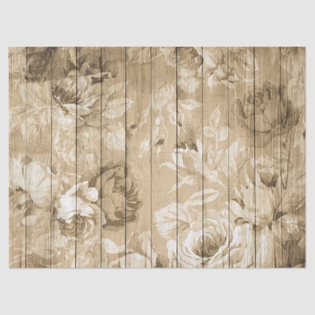 Tan Distressed Rustic Roses on Wood Decoupage Tissue Paper (Front)