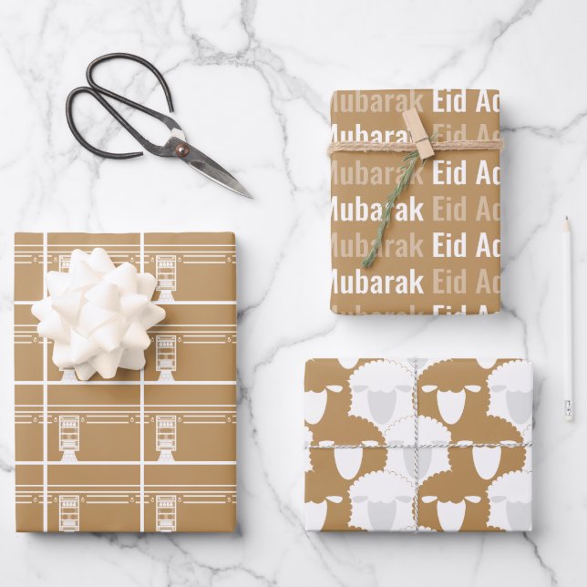 Tan Eid Adha Mubarak Kaaba Sheep Pattern Wrapping Paper Sheets (Front)