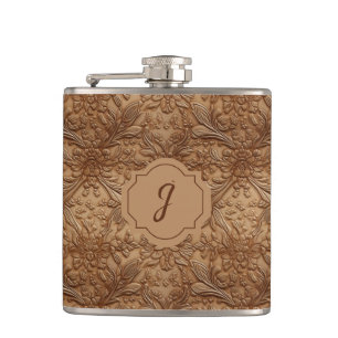 Tan Faux Tooled Leather Vinyl Flask