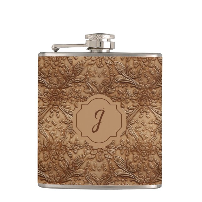 Tan Faux Tooled Leather Vinyl  Flask (Front)