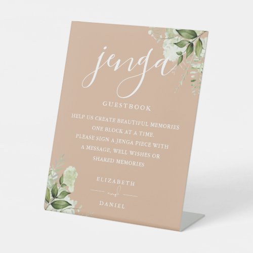 Tan Floral Greenery Jenga Wedding Guestbook Pedestal Sign