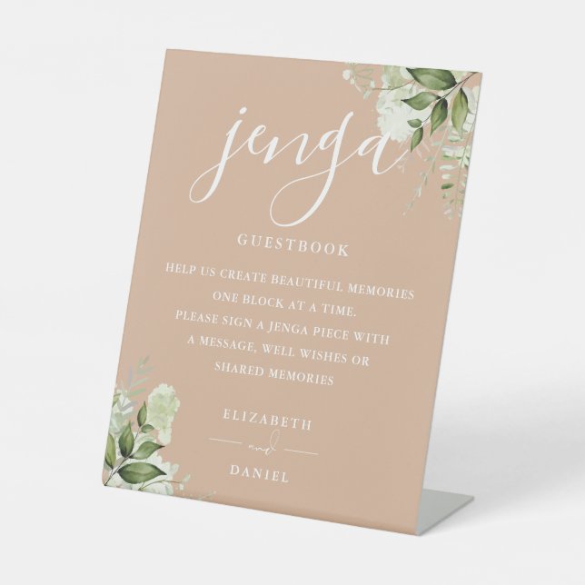 Tan Floral Greenery Jenga Wedding Guestbook Pedestal Sign (Front)