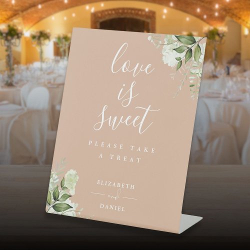 Tan Floral Greenery Love Is Sweet Favor Pedestal Sign