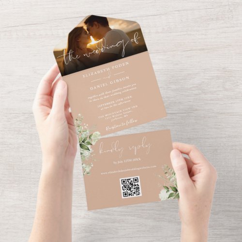 Tan Floral Greenery QR Code Wedding Photo All In One Invitation