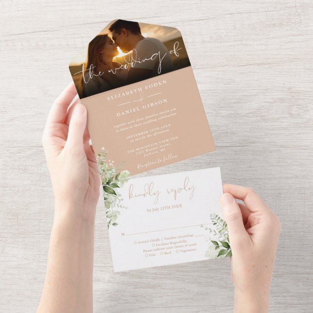 Tan Floral Greenery Script Wedding Photo All In One Invitation (Tearaway)