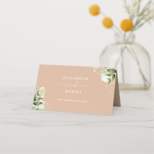 Tan Floral Greenery Wedding Folded Place Card