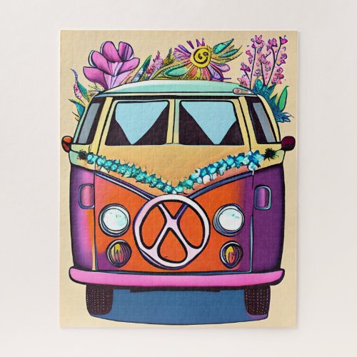 Tan Floral Retro Hippie Van Vintage Art Jigsaw Puzzle