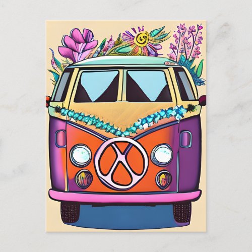 Tan Floral Retro Hippie Van Vintage Art Postcard