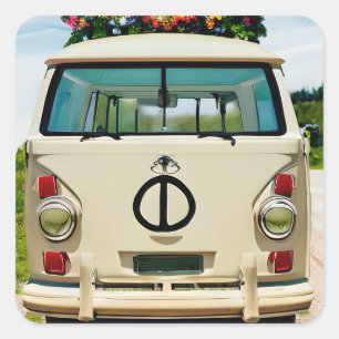 Tan Floral Retro Hippie Van Vintage Art Square Sticker