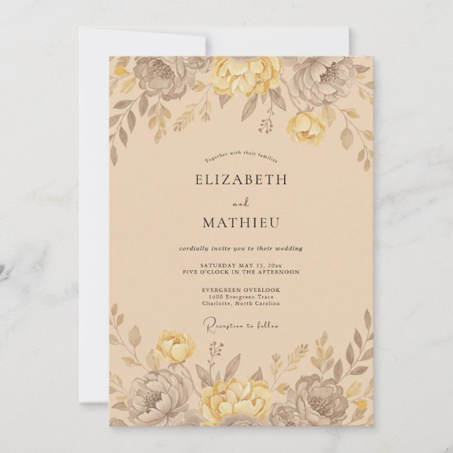 Tan Floral Romantic Flourish Wedding Invitation (Front)