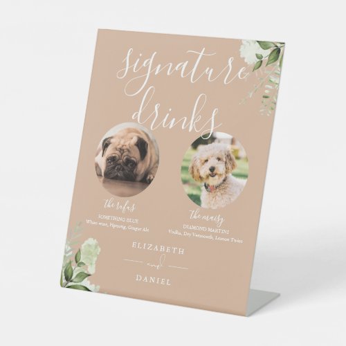 Tan Floral Wedding Pet Dog Signature Drinks Pedestal Sign