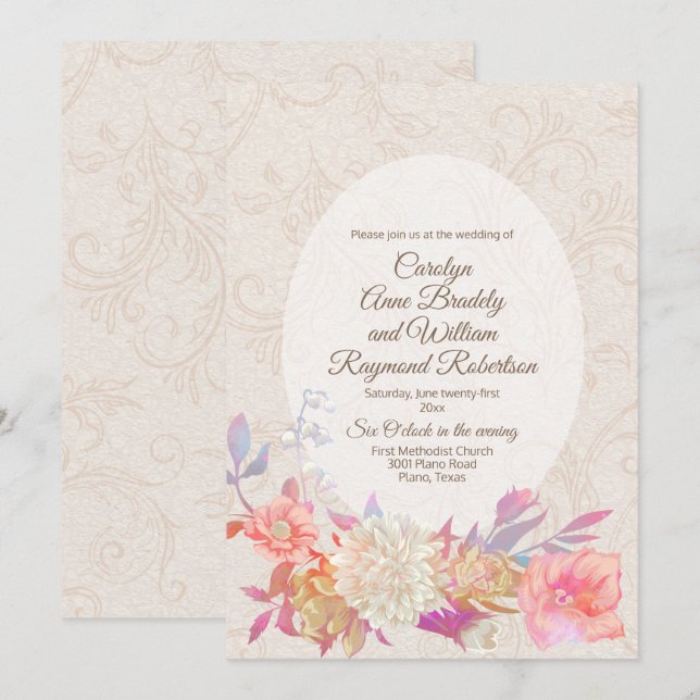 Tan Flourish Damask Colorful Floral Wedding Invitation (Front/Back)
