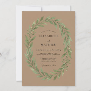 Tan Foliage Wreath Wedding Invitation